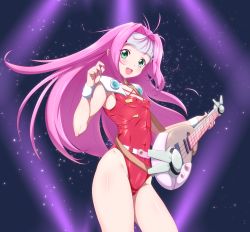 Rule 34 | 1girl, bad id, bad pixiv id, commentary request, cowboy shot, danpu, electric guitar, green eyes, guitar, headgear, highres, instrument, leotard, long hair, looking at viewer, macross, macross 7, mylene jenius, open mouth, pink hair, plectrum, purple background, red leotard, smile, solo