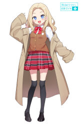 +_+ 1girl artist_name black_shoes black_thighhighs blonde_hair blue_eyes bow bowtie brown_coat brown_vest coat collared_shirt dairininn full_body hand_up highres loafers long_hair long_sleeves open_clothes open_coat open_mouth original parted_bangs plaid_clothes plaid_skirt pleated_skirt red_bow red_bowtie red_skirt school_uniform shirt shoes simple_background skirt sleeves_past_wrists smile solo standing thighhighs vest white_background white_shirt