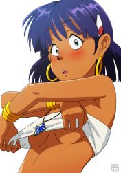 Rule 34 | 1girl, :o, bad id, bad pixiv id, bandeau, blue hair, blush, bracelet, breasts, clothes lift, constricted pupils, dark-skinned female, dark skin, earrings, fushigi no umi no nadia, gem, green eyes, hair ornament, hairclip, hero neisan, highres, hoop earrings, jewelry, lifted by self, looking at viewer, nadia la arwall, necklace, short hair, simple background, solo, strapless, surprised, tube top, tube top lift, underboob, undressing, upper body, white background