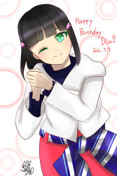 Rule 34 | 1girl, alternate hairstyle, aqua eyes, artist name, artist request, black hair, black shirt, blue ribbon, blush, bow, braid, breasts, buttons, cropped jacket, female focus, green eyes, hair bow, hair ornament, heart, heart hair ornament, highres, jacket, kurosawa dia, long hair, long sleeves, looking at viewer, love live!, love live! school idol festival, love live! sunshine!!, mole, mole under mouth, one eye closed, own hands together, parted lips, pink bow, red skirt, ribbon, shirt, skirt, sleeves past wrists, smile, solo, striped ribbon, white jacket, yoruhanagai22