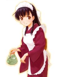 Rule 34 | 1girl, apron, black hair, japanese clothes, kettle, maid, maid apron, maid headdress, mole, mole under eye, naruko hanaharu, smile, solo, teapot, wa maid