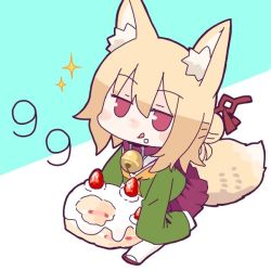 Rule 34 | 1girl, animal ears, bell, blonde hair, blue background, borrowed character, brown collar, cake, chibi, collar, commentary request, food, food on face, fox ears, fox girl, fox tail, fruit, full body, green shirt, hair between eyes, hair bun, hair ornament, holding, holding food, hyon (hyon noyh), jingle bell, kemomimi-chan (naga u), licking lips, long sleeves, neck bell, necktie, orange necktie, original, pleated skirt, purple eyes, purple footwear, purple skirt, sailor collar, sandals, shirt, sitting, skirt, sleeves past fingers, sleeves past wrists, solo, sparkle, strawberry, tail, thighhighs, tongue, tongue out, two-tone background, white background, white sailor collar, white thighhighs, zouri