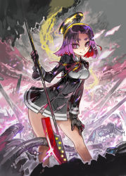 Rule 34 | 1girl, bare legs, cable, commentary request, dress, glaive (polearm), gloves, halo, headgear, kantai collection, konno takashi, long sleeves, looking at viewer, mechanical halo, medium hair, neck ribbon, polearm, purple eyes, purple hair, ribbon, short dress, skirt, solo, tatsuta (kancolle), thick eyebrows, weapon