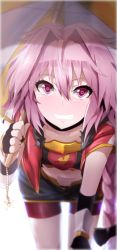 Rule 34 | 1boy, alternate costume, astolfo (fate), bad id, bad pixiv id, braid, cowboy shot, fate/apocrypha, fate (series), fingerless gloves, foreshortening, gloves, hair intakes, highres, long hair, male focus, midriff, miniskirt, open mouth, pink eyes, pink hair, shorts, single braid, skirt, solo, stomach, trap, umbrella