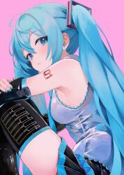 Rule 34 | 1girl, armpits, bare shoulders, black footwear, black skirt, black sleeves, black thighhighs, blue eyes, blue hair, blue nails, blue necktie, blue shirt, blue skirt, boots, breasts, closed mouth, commentary, detached sleeves, expressionless, from side, grey shirt, hair ornament, hatsune miku, highres, long hair, looking at viewer, looking to the side, necktie, pink background, pleated skirt, shirt, sideboob, simple background, skirt, sleeveless, sleeveless shirt, small breasts, solo, symbol-only commentary, takepon1123, thigh boots, thighhighs, thighs, twintails, very long hair, vocaloid
