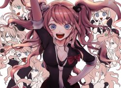 Rule 34 | 1girl, :d, arm up, bear hair ornament, black shirt, blue eyes, blush, bow, breasts, cleavage, commentary request, crown, danganronpa: trigger happy havoc, danganronpa (series), enoshima junko, hair ornament, hand on own hip, highres, long hair, monokuma, multiple views, nail polish, necktie, open mouth, pink hair, red bow, red nails, renli (nire999), school uniform, shirt, smile, tongue, tongue out, twintails, white neckwear