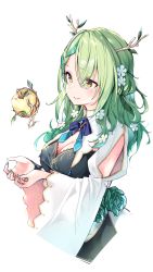 Rule 34 | 1girl, antlers, apple, braid, braided bangs, breasts, ceres fauna, cleavage, flower, food, fruit, golden apple, green flower, green rose, hair flower, hair ornament, highres, holocouncil, hololive, hololive english, horns, nail polish, rose, single braid, solo, virtual youtuber, yuyaiyaui