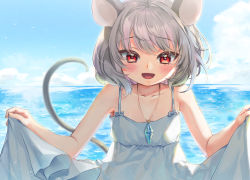 Rule 34 | 1girl, :d, adapted costume, animal ears, ari don, bad perspective, bare shoulders, blurry, blurry background, blush, cloud, cloudy sky, collarbone, commentary request, day, depth of field, dress, flat chest, grey dress, grey hair, horizon, jewelry, looking at viewer, mouse ears, mouse tail, nazrin, open mouth, outdoors, pendant, red eyes, short hair, skirt hold, sky, smile, solo, spaghetti strap, swept bangs, tail, touhou, upper body, water
