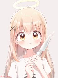 Rule 34 | 1girl, absurdres, angel, blonde hair, hair ornament, hairpin, halo, haruiroha, highres, holding, holding knife, knife, light blush, light smile, long hair, looking at viewer, original, yellow eyes