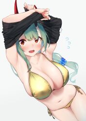 Rule 34 | 1girl, absurdres, akari (baffu), armpits, arms up, baffu, bikini, black shirt, blush, breasts, broken horn, brown eyes, cleavage, commentary request, cowboy shot, dutch angle, fang, fingernails, flower, flying sweatdrops, gold bikini, green hair, hair flower, hair ornament, highres, horns, large breasts, long hair, looking at viewer, nail polish, navel, oni, oni horns, open mouth, original, pink nails, red horns, sharp fingernails, shirt, side-tie bikini bottom, simple background, skin fang, skindentation, solo, standing, sweat, swimsuit, thighs, undressing, white background