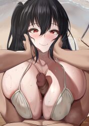 Rule 34 | 1boy, 1girl, azur lane, bikini, black hair, blush, breasts, censored, closed mouth, collarbone, commentary, english commentary, erection, hair between eyes, hands on another&#039;s face, handsfree paizuri, hetero, highres, large breasts, looking at viewer, mosaic censoring, official alternate costume, outdoors, paizuri, paizuri under clothes, penis, pov, red eyes, side ponytail, smile, swimsuit, taihou (azur lane), taihou (seaside daydreams) (azur lane), water, white bikini, yua (argaoffroad)