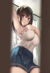 Rule 34 | 1girl, arm up, armpits, black hair, blue eyes, blue skirt, blush, breasts, closed mouth, grey shirt, highres, impossible clothes, impossible shirt, indoors, kureha (ironika), large breasts, long hair, looking at viewer, miniskirt, original, pleated skirt, razor, shaving, shaving armpit, shirt, sitting, skirt, sleeveless, sleeveless shirt, solo, window
