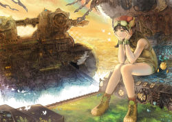 Rule 34 | 1girl, aircraft, airship, animal hat, aviator cap, bad id, bad pixiv id, brown eyes, brown hair, bug, butterfly, digital dissolve, flower, goggles, goggles on head, grass, hat, head rest, helmet, insect, light smile, lizard, machinery, maki takaya, original, railroad tracks, robot, scenery, science fiction, shoes, sitting, sky, solo, steam, steampunk, train, twilight, vehicle focus, wreath