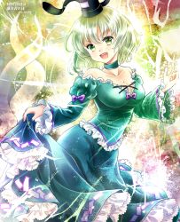 Rule 34 | 1girl, :d, black hat, bow, breasts, cleavage, clothes lift, cross-laced clothes, electricity, frilled shirt, frilled skirt, frills, ghost tail, green shirt, green skirt, hajike akira, hat, highres, large breasts, lifted by self, ofuda, ofuda on clothes, open mouth, purple bow, shirt, skirt, skirt lift, smile, soga no tojiko, solo, tate eboshi, teeth, touhou, twitter username, upper teeth only
