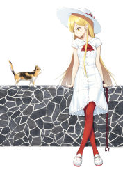 Rule 34 | 1girl, blonde hair, calico, cat, closed mouth, dress, hat, heijialan, leaning on object, long hair, looking at another, mary janes, monogatari (series), oshino shinobu, outdoors, pantyhose, pointy ears, red pantyhose, shoes, smile, solo, sun hat, sundress, tabby cat, very long hair, white dress, white footwear, white hat, yellow eyes