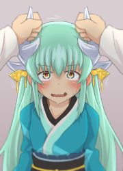 Rule 34 | 1girl, aqua hair, blurry, blush, depth of field, embarrassed, fate/grand order, fate (series), grey background, hair between eyes, highres, horn grab, horns, japanese clothes, kimono, kiyohime (fate), long hair, long sleeves, looking at viewer, motion lines, obi, open mouth, pov, ru2n131, sash, sidelocks, simple background, solo focus, sweat, upper body, wavy mouth, yellow eyes