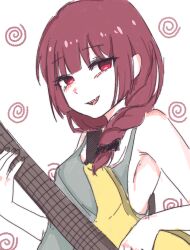 Rule 34 | 1girl, absurdres, armpits, bare shoulders, bass guitar, black bow, black nails, blunt bangs, bocchi the rock!, bow, dress, green dress, grin, guitar, highres, hiroi kikuri, holding, holding guitar, holding instrument, instrument, long hair, looking at viewer, okogeyu, red eyes, red hair, sharp teeth, side ponytail, simple background, sleeveless, sleeveless dress, smile, straight hair, sundress, teeth