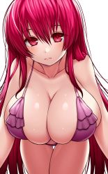 Rule 34 | 1girl, absurdres, asamura hiori, bikini, blush, breasts, cleavage, commentary request, cowboy shot, frilled bikini, frills, hair between eyes, hanging breasts, highres, large breasts, leaning forward, long hair, looking at viewer, original, purple bikini, red eyes, red hair, simple background, solo, swimsuit, very long hair, white background