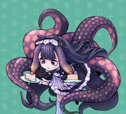 Rule 34 | 1girl, 28 (282teeth), alternate costume, animal ears, bad id, bad pixiv id, blue eyes, cake, dress, enmaided, eyeliner, food, gloves, highres, hololive, hololive english, long hair, maid, maid headdress, makeup, ninomae ina&#039;nis, parted lips, plate, purple hair, solo, sweatdrop, tentacles, thighhighs, virtual youtuber, white gloves, white thighhighs