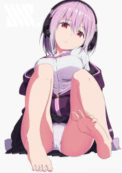 Rule 34 | 1girl, arms at sides, bare legs, barefoot, black skirt, bow, breasts, closed mouth, commentary request, eyelashes, eyes visible through hair, feet, foot focus, foreshortening, frown, full body, gridman universe, hair between eyes, hair ribbon, head tilt, headphones, highres, jacket, knees up, large breasts, lemonolemone, long sleeves, looking at viewer, medium hair, miniskirt, off shoulder, panties, partially unzipped, pleated skirt, purple bow, purple hair, purple jacket, red eyes, ribbon, shinjou akane, shirt, simple background, sitting, skirt, soles, solo, ssss.gridman, straight hair, thighs, toes, underwear, white background, white panties, white shirt