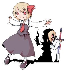 Rule 34 | 2girls, blonde hair, embodiment of scarlet devil, ex-rumia, female focus, full body, lowres, multiple girls, outstretched arms, red eyes, rumia, simple background, spread arms, standing, touhou, white background
