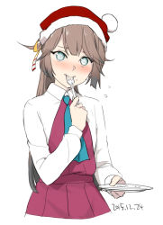Rule 34 | 1girl, blue eyes, blue neckwear, blush, brown hair, chagen kokimu, dated, dress, flying sweatdrops, food, food on face, fork, hair ribbon, hat, holding, holding fork, holding plate, kantai collection, kazagumo (kancolle), long hair, long sleeves, looking at viewer, plate, ponytail, purple dress, ribbon, santa hat, shirt, simple background, solo, white background, white shirt