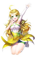 Rule 34 | 1girl, ahoge, aile (crossroads), arm up, blonde hair, blush, boots, breasts, detached sleeves, fang, full body, green eyes, hoshii miki, idolmaster, idolmaster (classic), open mouth, solo, transparent background, white background, white footwear