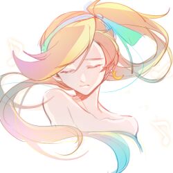 Rule 34 | 1girl, ace attorney, arashi (arashi999uxu), athena cykes, blue hairband, blue ribbon, closed eyes, closed mouth, crescent, crescent earrings, cropped shoulders, earrings, hair ribbon, hairband, highres, jewelry, long hair, musical note, nude, orange hair, portrait, ribbon, sad, side ponytail, simple background, single earring, solo, swept bangs, very long hair, white background