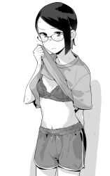 Rule 34 | 1girl, blush, bra, breasts, clothes lift, flying sweatdrops, glasses, greyscale, gundam, gundam suisei no majo, highres, lifted by tail, makio (makiomeigenbot), monochrome, multicolored hair, navel, nika nanaura, shirt, shirt lift, short sleeves, shorts, simple background, small breasts, solo, swept bangs, t-shirt, underwear, webp-to-png conversion