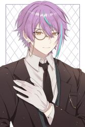 Rule 34 | 1boy, aqua hair, asymmetrical bangs, black necktie, breast pocket, ceiling39, closed mouth, collared shirt, commentary request, earrings, gloves, hair between eyes, hand on own chest, jewelry, kamishiro rui, korean commentary, lapels, long sleeves, looking at viewer, male focus, monocle, multicolored hair, necktie, pocket, project sekai, purple hair, shirt, short hair, solo, streaked hair, upper body, white gloves, white shirt, yellow eyes