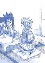 Rule 34 | 1boy, 1girl, barefoot, couple, cup, fairy tail, feet, gajeel redfox, hand on own chin, japanese clothes, levy mcgarden, looking at another, mashima hiro, monochrome, piercing, pillow, smile, spiked hair, table, talking
