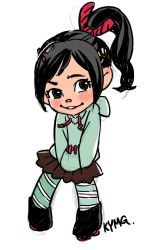 Rule 34 | 1girl, bad id, bad twitter id, black hair, hands in pocket, hands in pockets, highres, hood, hoodie, kozaki yuusuke, ponytail, sketch, smile, solo, striped clothes, striped thighhighs, thighhighs, vanellope von schweetz, wreck-it ralph