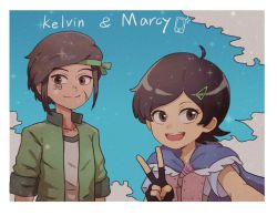 Rule 34 | 1boy, 1girl, amphibia, borrowed character, brown eyes, brown hair, cape, character name, cloud, disney, english text, fingerless gloves, gloves, hair ornament, hairclip, headband, highres, jacket, junsui (omori0310), looking at viewer, marcy wu, non-web source, original, scar, scar on face, short hair, sky, smile, v
