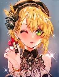 Rule 34 | 1girl, baocaizi, black flower, blonde hair, braid, cosmetics, earrings, feather hair ornament, feathers, flower, green eyes, grey headwear, hair between eyes, hair flower, hair ornament, highres, holding, holding lipstick tube, idolmaster, idolmaster cinderella girls, idolmaster cinderella girls starlight stage, jewelry, lipstick tube, looking at viewer, miyamoto frederica, nail polish, one eye closed, open mouth, portrait, red nails, short hair, single braid, solo, sparkle, wing collar, yellow feathers