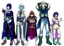 Rule 34 | 1990s (style), 2girls, 3boys, amelia wil tesla seyruun, armor, bandages, belt, blonde hair, blue eyes, blue hair, boots, bracelet, cape, clenched hand, crossed arms, earrings, closed eyes, facial mark, gloves, gourry gabriev, green footwear, height difference, index finger raised, jewelry, knee boots, lina inverse, lineup, long hair, multiple boys, multiple girls, nagisa iwa, petite, pointy ears, purple hair, red eyes, red hair, short hair, slayers, slayers next, smile, staff, white background, white hair, xelloss, zelgadiss graywords