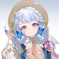 Rule 34 | 1girl, artist name, ayaka (genshin impact), blue eyes, blue hair, blue nails, blunt tresses, braided hair rings, brown hat, butterfly hair ornament, butterfly ring, closed mouth, commentary request, daier45770, dress, flower, genshin impact, hair ornament, hair ribbon, hair rings, hand up, hat, hat flower, highres, kamisato ayaka, kamisato ayaka (springbloom missive), light blue hair, long hair, long sleeves, looking at viewer, mole, mole under eye, neck tassel, official alternate costume, official alternate hairstyle, puffy long sleeves, puffy sleeves, ribbon, smile, solo, tassel, upper body, white dress, white hair