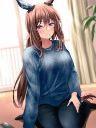 Rule 34 | 1girl, admire vega (umamusume), blue sweater, breasts, brown hair, casual, cellphone, horse girl, jewelry, large breasts, long hair, low ponytail, necklace, pearl necklace, phone, purple eyes, red hayao, sitting, smartphone, smile, sweater, umamusume, wariza