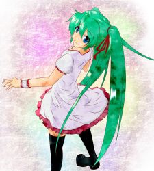 Rule 34 | 1girl, back, bad id, bad pixiv id, black footwear, blue eyes, boots, breasts, collarbone, dress, frilled dress, frills, from above, from behind, green hair, hair between eyes, hatsune miku, highres, light smile, long hair, long twintails, looking back, looking up, red ribbon, ribbon, short dress, skirt, small breasts, smile, solo, standing, thigh boots, thighhighs, twintails, very long hair, vocaloid, white dress, wristband, yuchi, zettai ryouiki