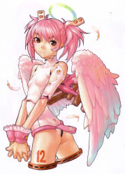 Rule 34 | 1girl, absurdres, android, angel, angel wings, ass, brown eyes, cropped legs, detached sleeves, doll joints, feathers, flat ass, flat chest, frills, from behind, hair ornament, hakua ugetsu, halo, highres, joints, leotard, looking back, nail polish, own hands clasped, own hands together, pink hair, pink nails, scan, short hair, short twintails, simple background, smile, solo, tattoo, turtleneck, twintails, wings, wrist cuffs
