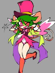 Rule 34 | 1girl, animal ears, blush stickers, breasts, green hair, hat, heart, heart tail, highres, kaibootsu, leotard, mad rat dead, mouse (animal), mouse ears, mouse girl, mouse tail, necktie, nippon ichi, one eye closed, rat god, red eyes, tail, top hat, wings, wink, wrist cuffs