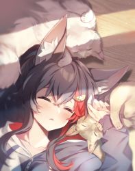Rule 34 | 1girl, absurdres, animal ear fluff, animal ears, black hair, blush, cat, closed eyes, commentary, deany, hair between eyes, hair ornament, hand up, highres, hololive, hood, hood down, hoodie, long hair, long sleeves, lying, multicolored hair, on back, ookami mio, ookami mio (casual), parted lips, red hair, sleeping, streaked hair, taiga (ookami mio), tawa (ookami mio), upper body, virtual youtuber, wolf ears