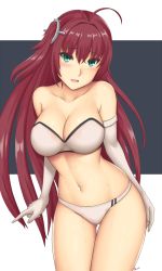Rule 34 | 1girl, ahoge, arcie albano, azur lane, blush, bra, breasts, bridal gauntlets, cleavage, green eyes, hair ornament, highres, large breasts, long hair, looking at viewer, navel, open mouth, panties, red hair, smile, solo, strapless, strapless bra, surcouf (azur lane), swimsuit, thigh gap, underwear, white panties