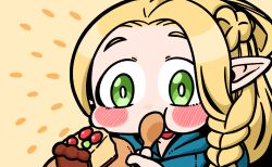 1girl blonde_hair blue_robe blush braid buraninn cake chibi dungeon_meshi eating elf food green_eyes highres marcille_donato parted_bangs pointy_ears robe solo spoon