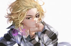 Rule 34 | 1boy, black eyes, blonde hair, bracelet, empty eyes, funpjinju, hair pulled back, hand on own chin, jewelry, looking at viewer, male focus, sano manjirou, signature, solo, tokyo revengers, white background