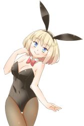 Rule 34 | 1girl, alice margatroid, alternate costume, animal ears, arnest, bare arms, bare shoulders, black hairband, blonde hair, blue eyes, blush, bow, bowtie, breasts, brown pantyhose, cleavage, commentary request, covered navel, cowboy shot, detached collar, fake animal ears, hairband, hand up, large breasts, leotard, looking at viewer, pantyhose, playboy bunny, rabbit ears, red bow, red bowtie, short hair, simple background, smile, solo, standing, thighs, touhou, white background, wing collar