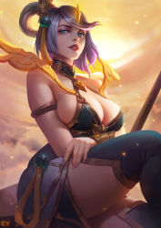 Rule 34 | 1girl, absurdres, alternate costume, alternate hairstyle, armlet, bare arms, bare shoulders, blue eyes, boots, breast hold, breasts, center opening, chengyouliu, cleavage, cloud, cloudy sky, crossed arms, dress, eyelashes, hair ornament, half-closed eyes, highres, large breasts, league of legends, light purple hair, lips, looking at viewer, lunar empress lux, lux (league of legends), nail polish, parted lips, short hair, sideboob, sitting, sky, sleeveless, sleeveless dress, solo, staff, swept bangs, teeth, thick eyebrows, thigh boots, thighhighs, tiara, vambraces