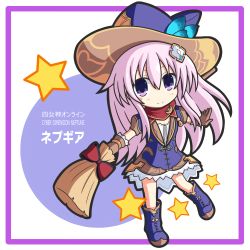 Rule 34 | 1girl, blush, broom, chagama (tyagama0927), character name, chibi, four goddesses online: cyber dimension neptune, hat, highres, long hair, looking at viewer, nepgear, neptune (series), purple eyes, purple hair, smile, solo, witch hat