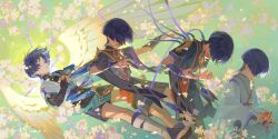 3boys age_progression angel_wings armor bishounen black_shirt black_shorts blue_eyes blunt_ends branch cable chinese_commentary covered_eyes doll dual_persona eyeliner falling fire floating flower full_body genshin_impact geta green_background grey_hakama hair_between_eyes hakama hakama_shorts heart_(organ) highres holding holding_heart_(organ) jacket japanese_armor japanese_clothes jewelry kariginu kimono kote kurokote looking_down makeup male_focus multiple_boys multiple_views open_mouth outdoors pain parted_bangs parted_lips pendant petals purple_eyes purple_hair purple_sash qiao2121 sandals sash scaramouche_(genshin_impact) scaramouche_(kabukimono)_(genshin_impact) scaramouche_(shouki_no_kami)_(genshin_impact) seiza shirt short_hair short_sleeves shorts sitting tassel transformation turtleneck vision_(genshin_impact) wanderer_(genshin_impact) white_jacket wide_sleeves wings