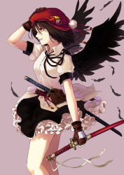 Rule 34 | 1girl, bad id, bad nicoseiga id, badge, bag, black hair, black wings, brown gloves, cibo (killy), feathers, frilled skirt, frills, gloves, leaf, miniskirt, parted lips, petticoat, red eyes, scabbard, shameimaru aya, sheath, shirt, short sleeves, simple background, skirt, solo, sword, teeth, touhou, weapon, white shirt, wings