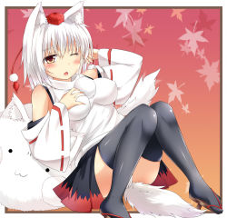Rule 34 | 1girl, :3, animal ears, bare shoulders, black thighhighs, blush, breasts squeezed together, breasts, covered erect nipples, detached sleeves, female focus, geta, hat, inubashiri momiji, kd, large breasts, mofuji, panties, pantyshot, red eyes, short hair, silver hair, sitting, solo, tail, thighhighs, tokin hat, touhou, underwear, white panties, wolf ears, wolf tail